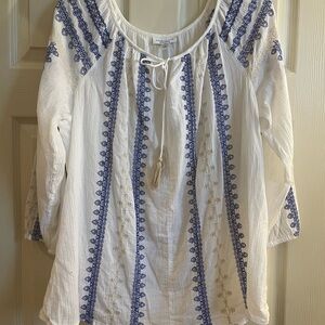 Charter Club Ivory Blouse with Navy Embroidery Peasant Top